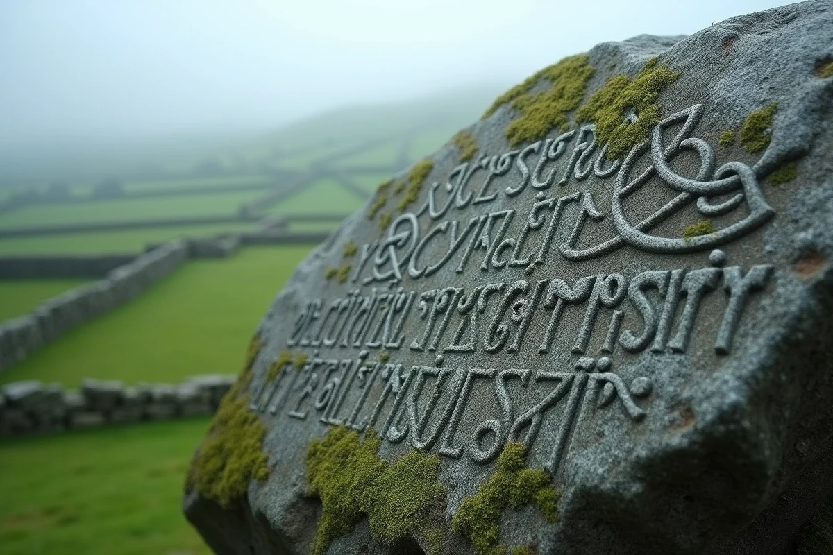 Inscription celtique gravée sur granit dans un paysage irlandais brumeux, symbole des origines du prénom Arthur