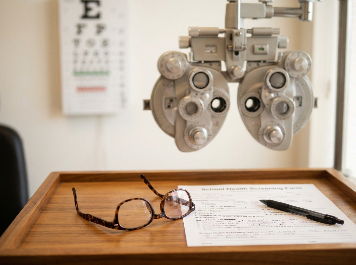 Phoropter, lunettes pour enfants et formulaire de dépistage visuel scolaire sur un plateau en bois dans un cabinet ophtalmologique