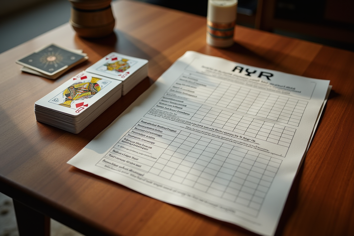 Jeu de cartes et fiche de règles sur une table moderne