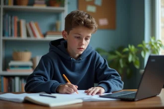 Jeune garçon en hoodie concentré sur son ordinateur dans sa chambre