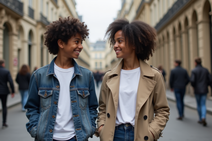 Jeune garçon avec Noémie Lenoir dans une rue parisienne