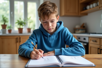 Jeune garçon en hoodie bleu résolvant des problèmes de maths