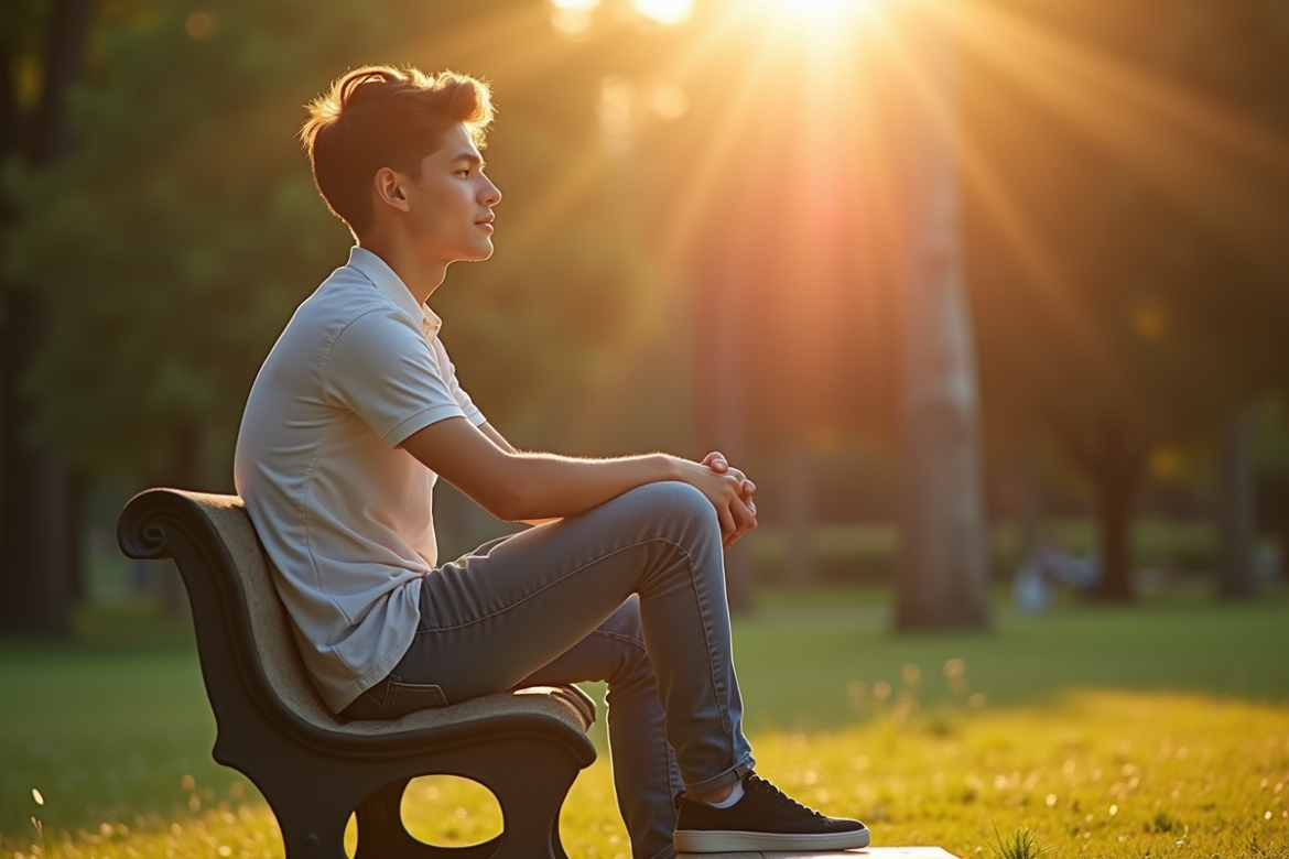 Jeune adulte assis sur un banc dans un parc ensoleille