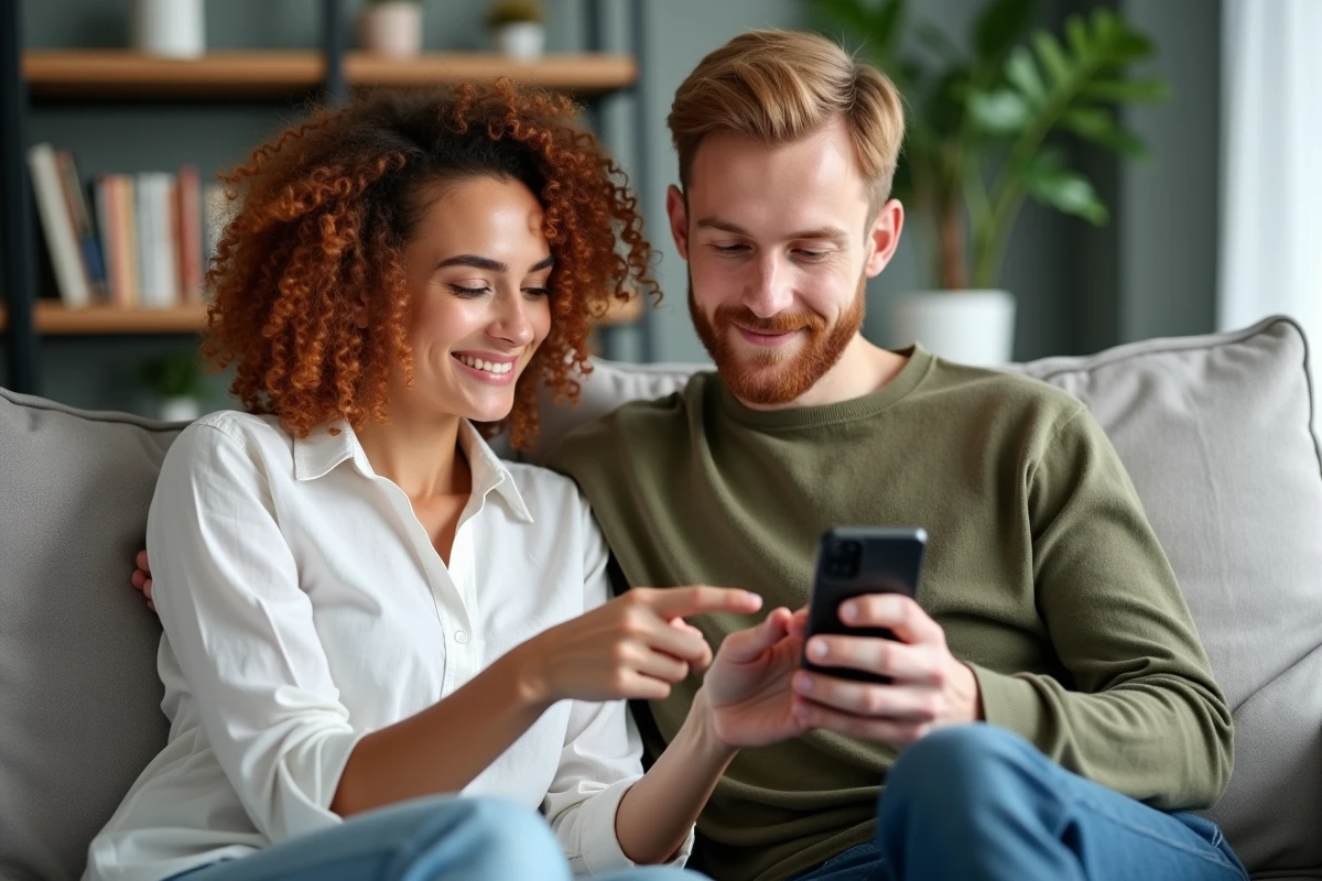 Jeune couple regardant ensemble les résultats d'un test de compatibilité sur smartphone dans un salon moderne scandinave