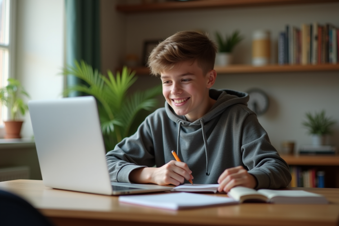 Étudiant adolescent prenant des notes avec son ordinateur à la maison