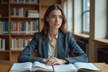Jeune femme étudiante dans une bibliothèque universitaire française, illustrant la vie étudiante des enfants de personnalités politiques