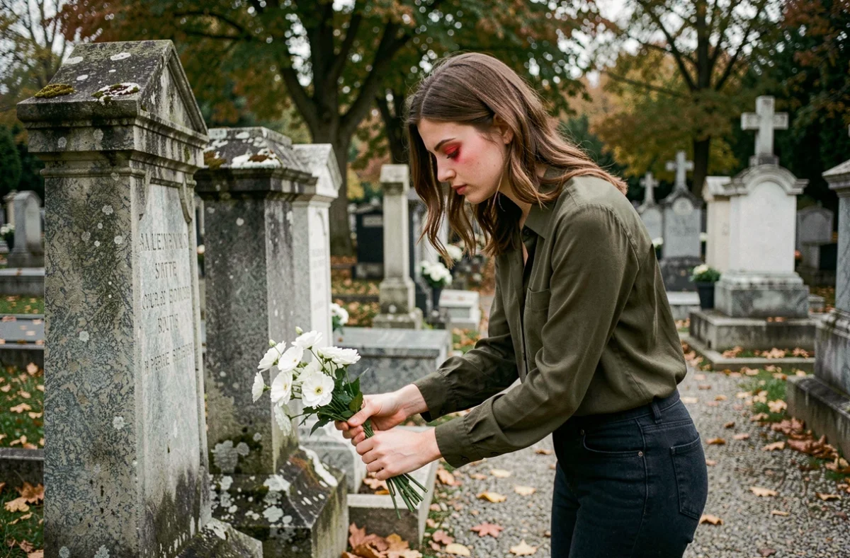 Une jeune femme dépose des fleurs blanches sur la tombe de son grand-père dans un cimetière français en automne en signe d'hommage