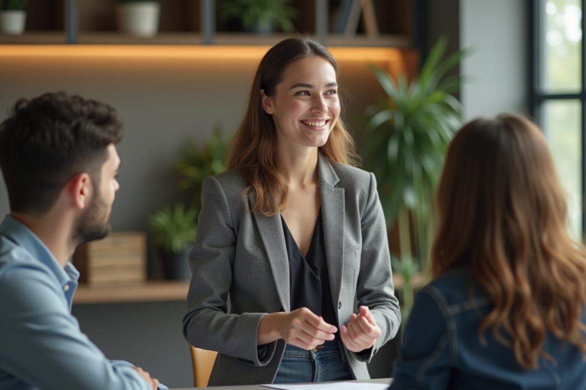 Jeune femme confiante en réunion d'équipe moderne