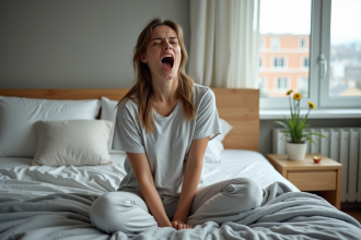 Jeune femme qui s'étire dans son lit au matin