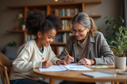 Jeune fille aidant une femme à faire des devoirs de maths