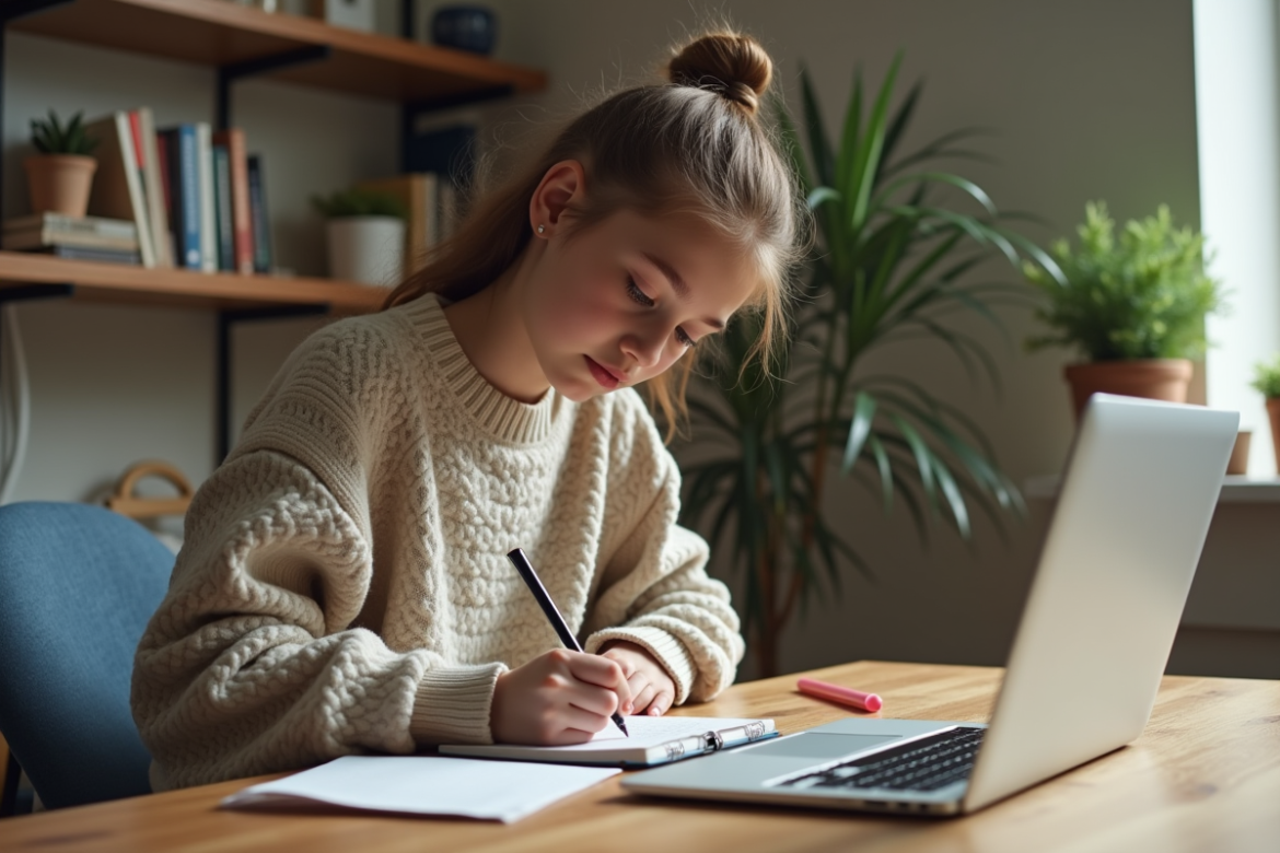 Jeune fille concentrée écrivant dans un carnet dans sa chambre
