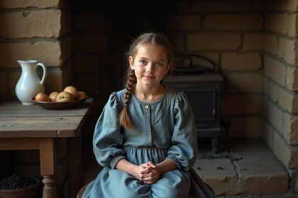 Jeune fille en robe ancienne dans une cuisine rustique