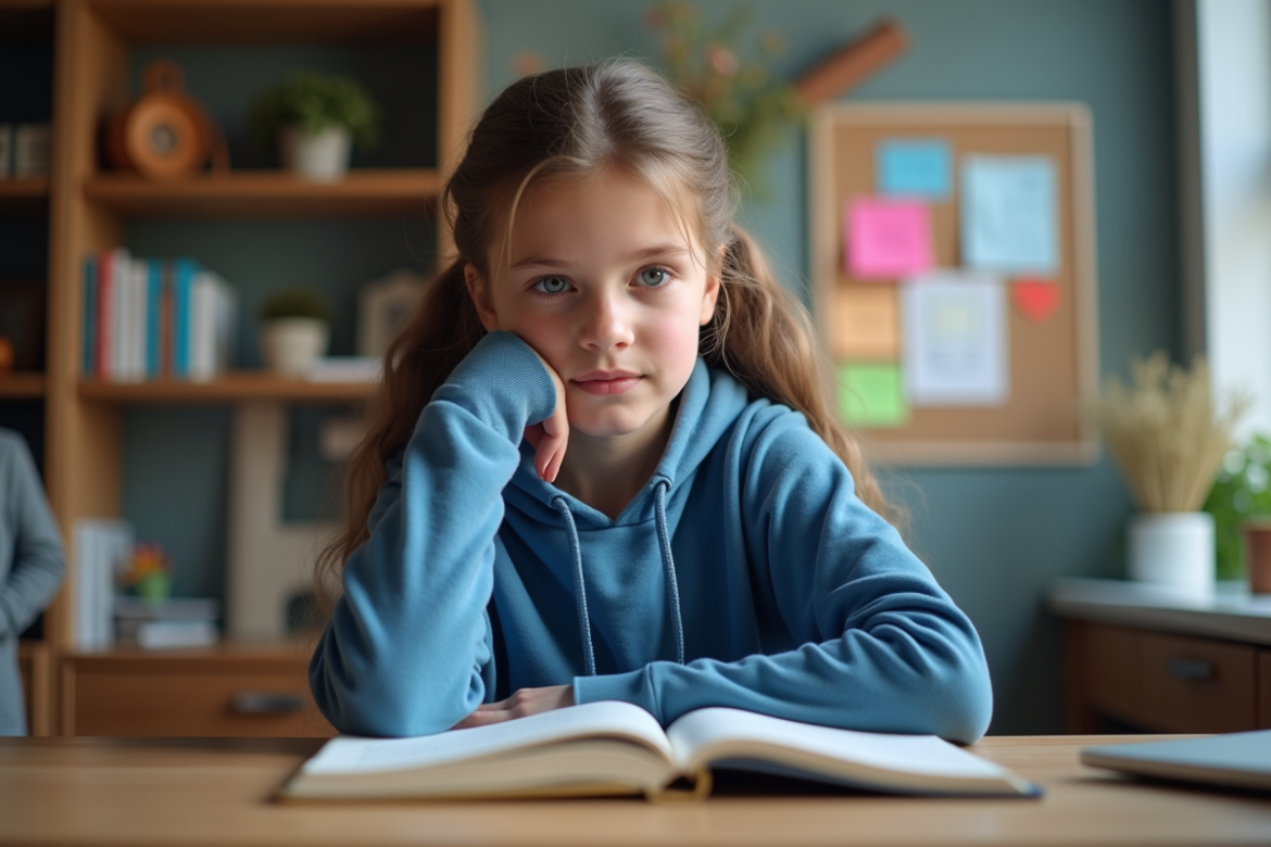 Jeune fille de 16 ans en hoodie bleu dans sa chambre