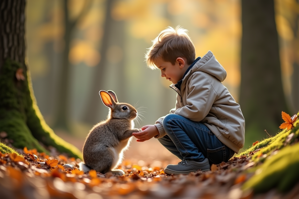 Jeune garçon offrant sa main à un lapin en forêt