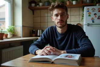 Jeune homme pensif avec albums photo dans un appartement
