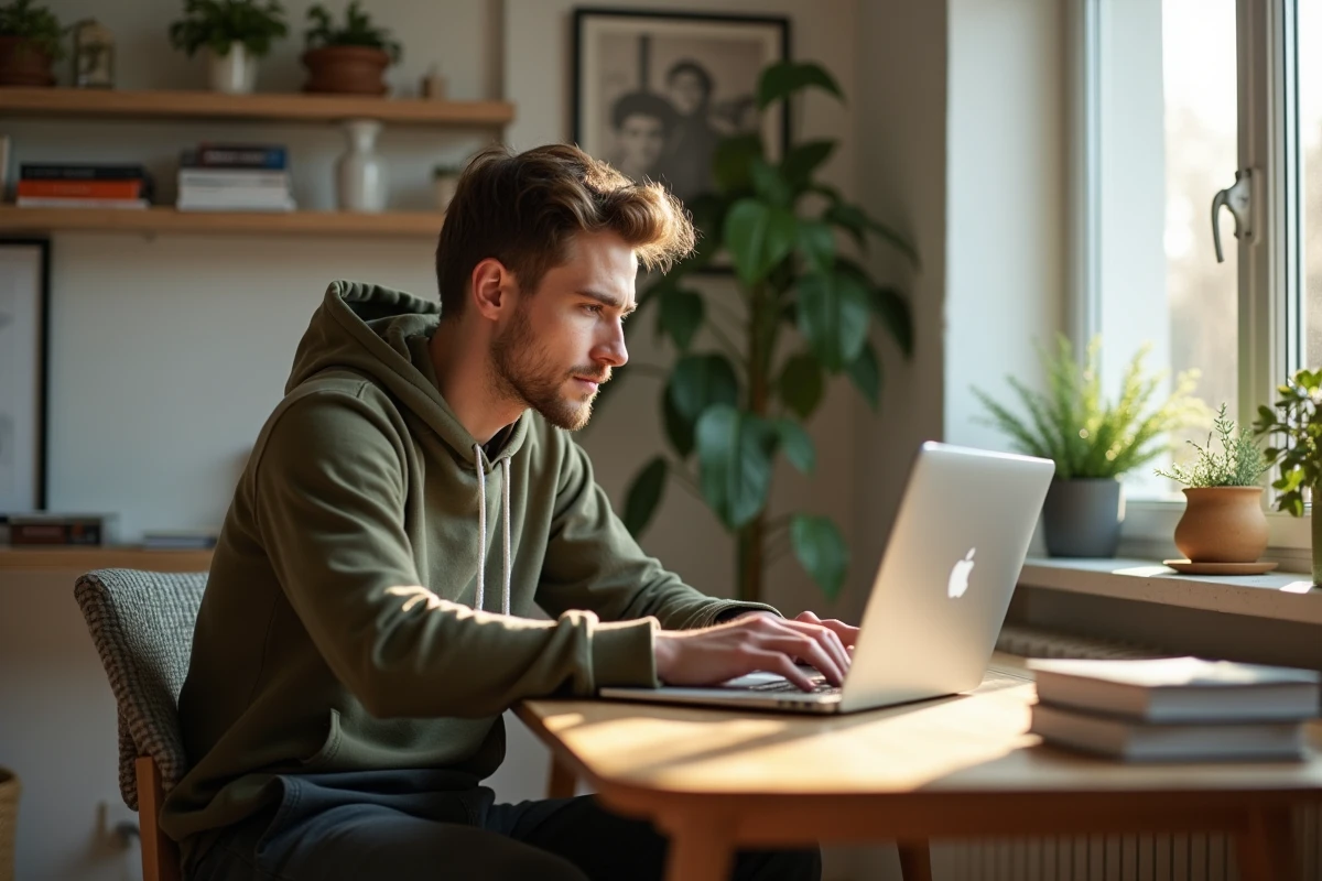 Jeune homme travaillant sur un ordinateur dans un salon cosy