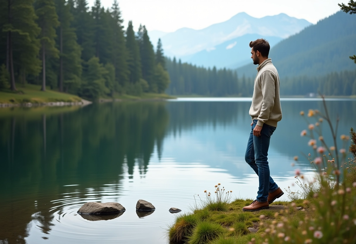 Jeune homme lançant une pierre sur un lac en forêt