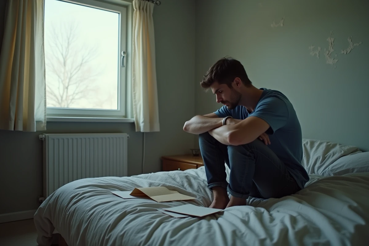 Jeune homme assis sur un lit défait contemplant une lettre ouverte dans un appartement isolé