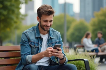 Jeune homme en denim souriant avec smartphone dans un parc