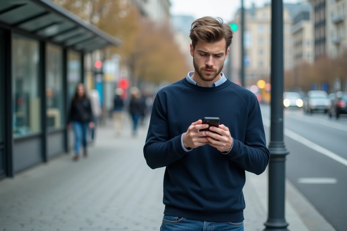 Jeune homme curieux utilisant son iPhone près d’un arrêt de bus