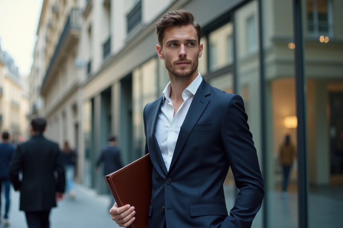 Jeune professionnel en costume devant un immeuble de bureaux parisien, symbolisant l'entrée dans la vie professionnelle de jeunes adultes issus de familles politiques