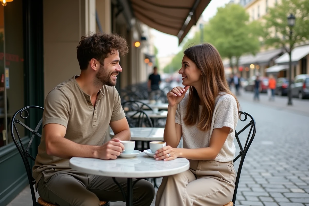 Deux jeunes adultes discutant en terrasse de café parisien, illustrant la vie quotidienne et sociale de jeunes issus de familles politiques françaises