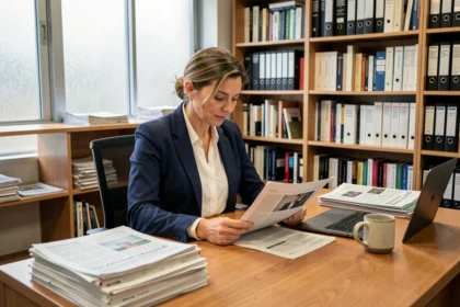 Journaliste professionnelle en veste marine relisant des documents dans un bureau éditorial avec livres et ordinateur portable