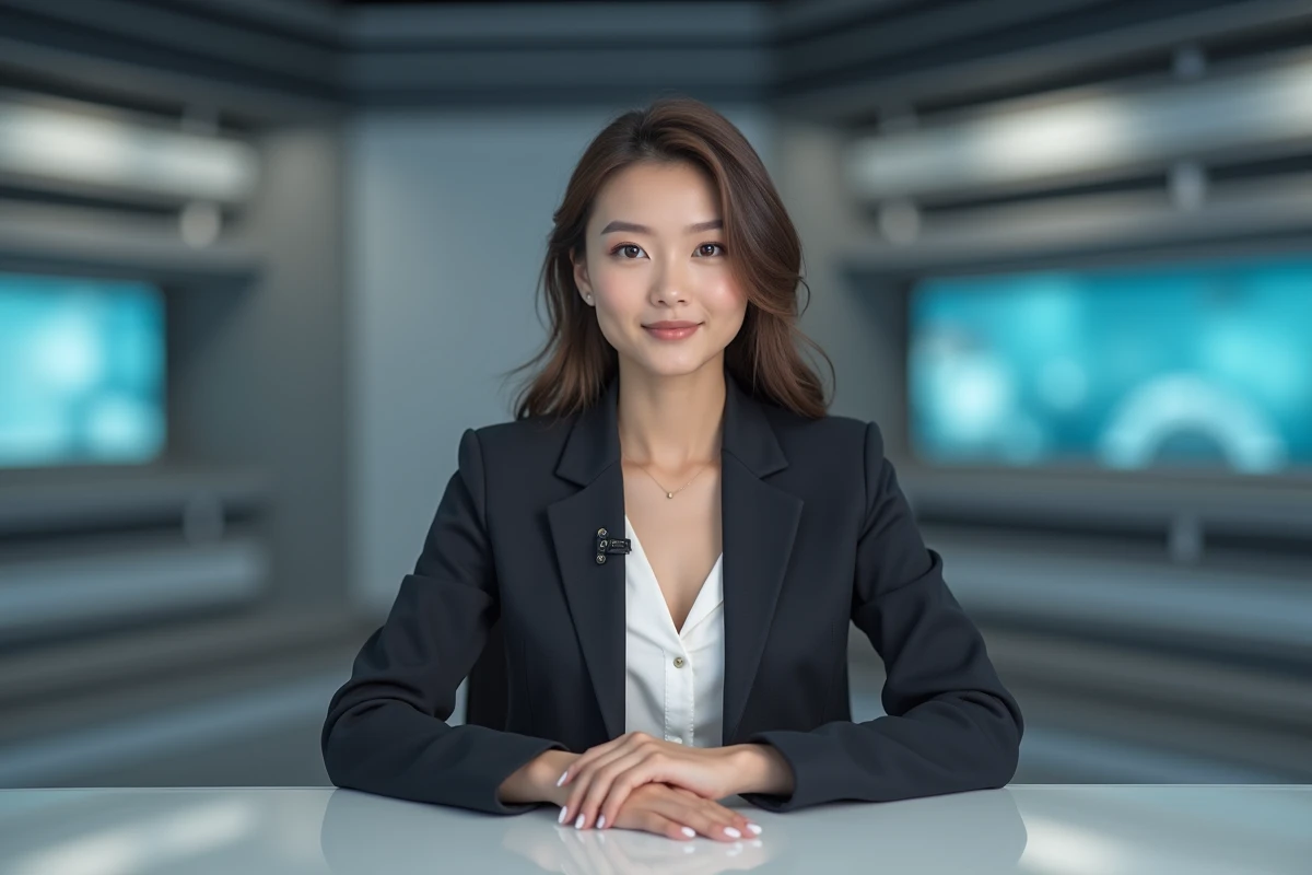 Jeune femme journaliste de télévision assise derrière un bureau de plateau, expression professionnelle et regard caméra