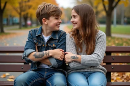 Adolescents jumeaux avec tatouages sur le bras dans un parc en automne