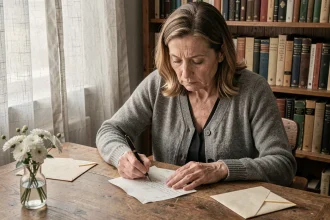 Femme âgée écrivant une lettre de condoléances à la main dans un bureau calme et intimiste