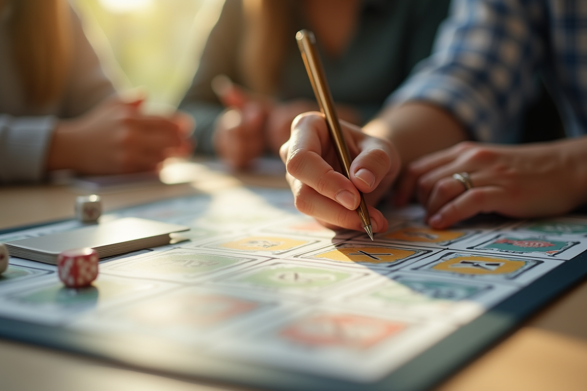 Mains dessinant sur un plateau de jeu lors d