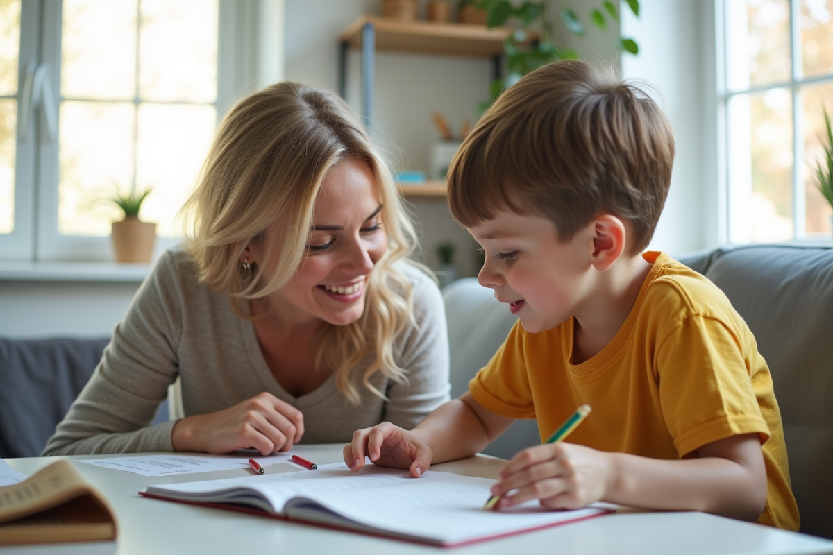 Mère aidant son enfant avec ses devoirs dans un salon lumineux