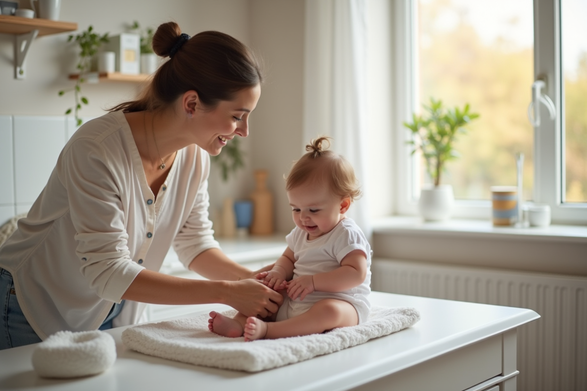 Jeune maman changeant son bébé dans un cadre cosy