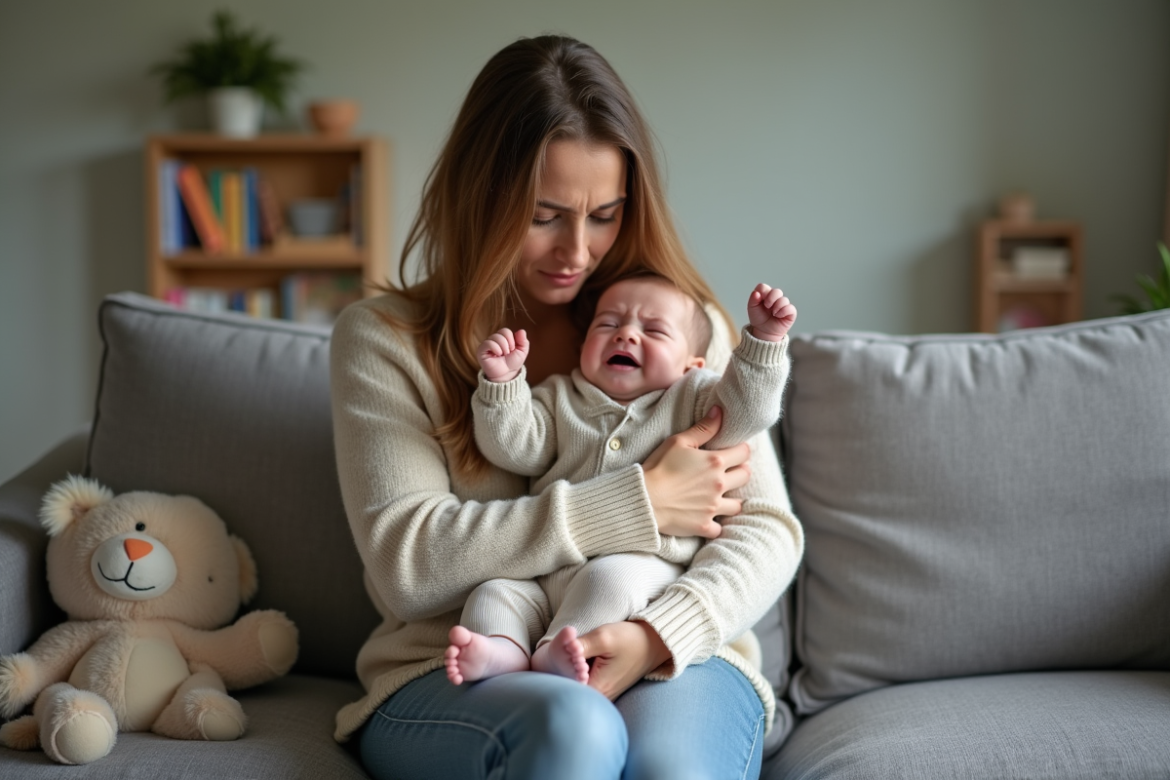 Maman fatiguée avec son bébé pleurant dans un salon cosy
