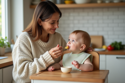 Maman donnant une purée maison à son bébé dans la cuisine lumineuse