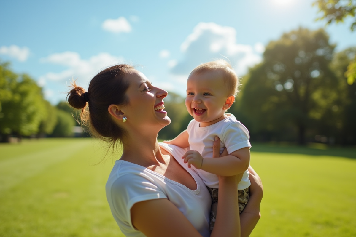 Maman et bébé riant dans un parc ensoleille avec nature