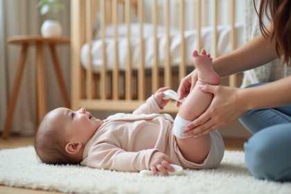 Maman nettoie doucement les jambes de bébé avec tendresse