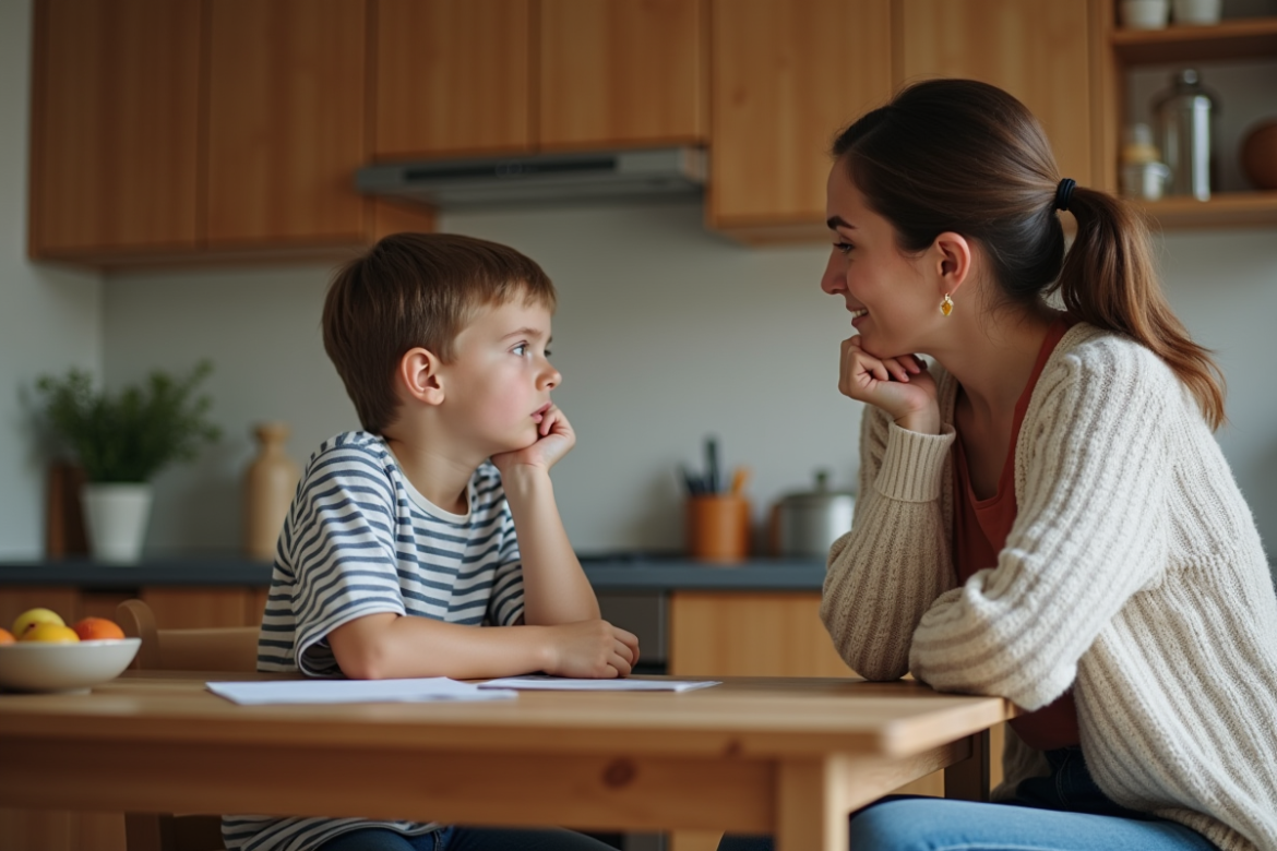 Maman réfléchie avec son enfant à la maison