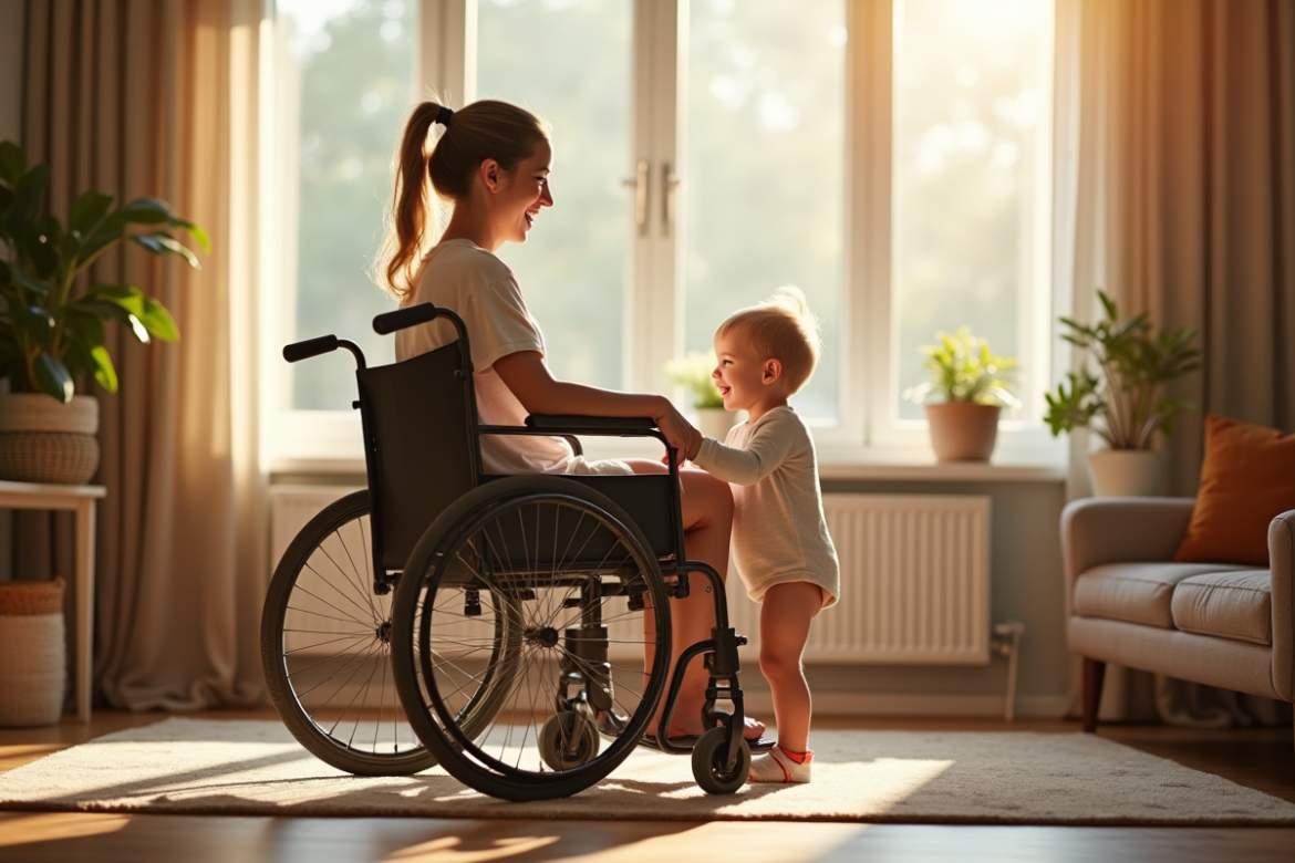 Maman en fauteuil avec son enfant à la maison