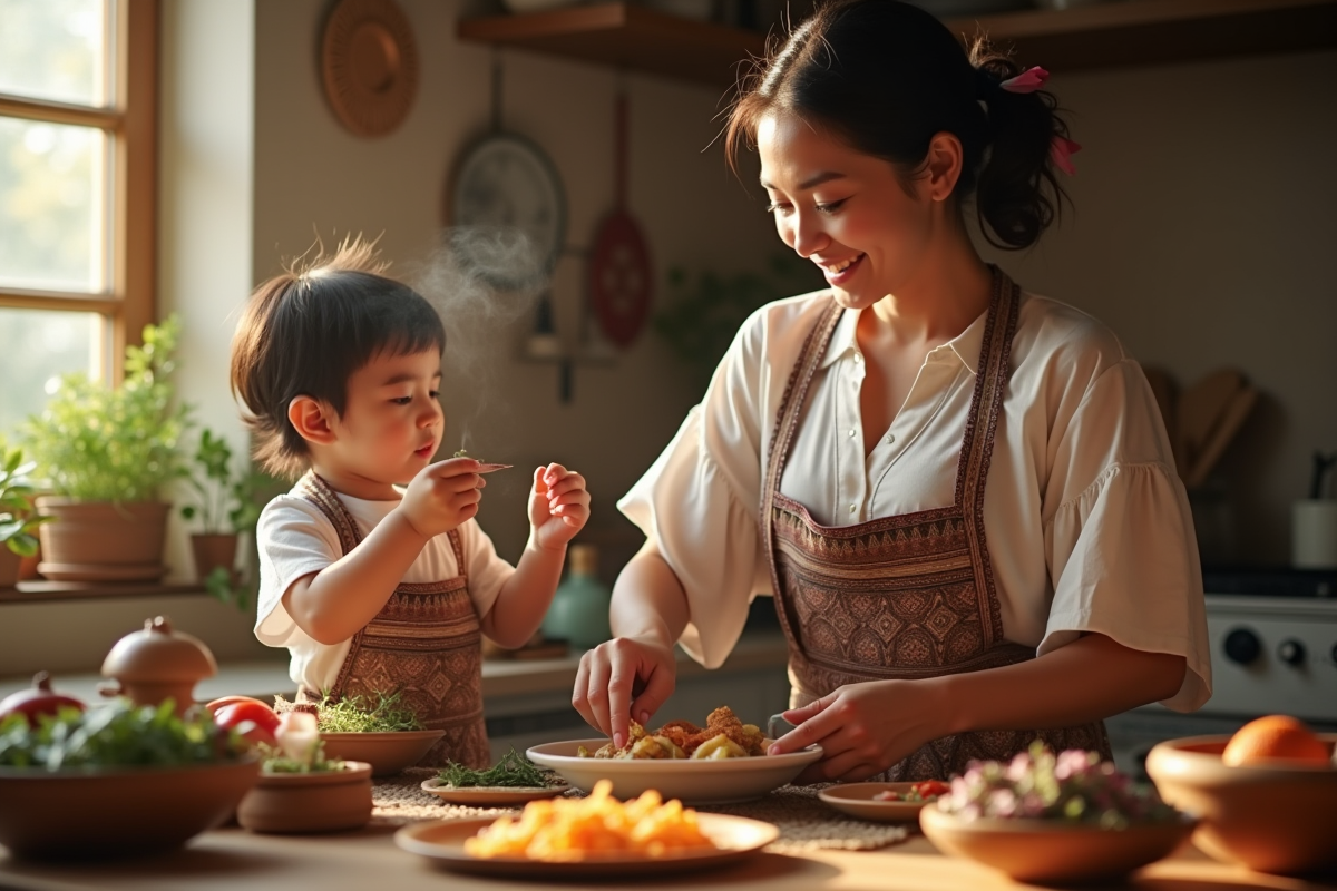 Mère et enfant cuisinant un plat traditionnel en cuisine