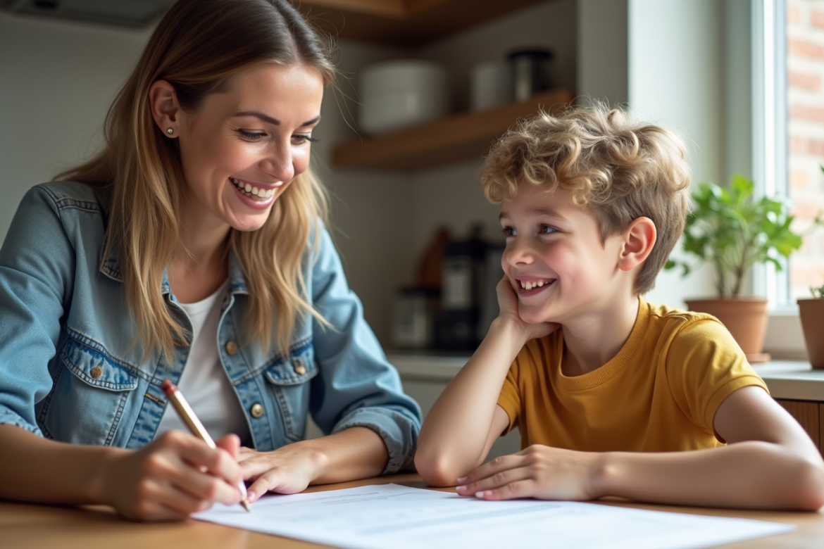 Maman et son enfant remplissant un formulaire de voyage à la maison