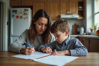 Mère inquiète avec son fils regardant une note à la cuisine