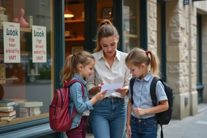 Maman avec enfants devant une boutique de fournitures scolaires