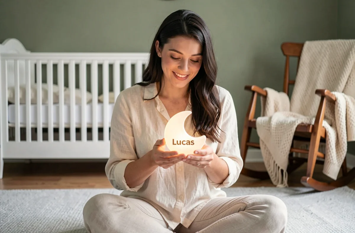 Jeune maman tenant une veilleuse personnalisée prénom Lucas en forme de lune dans une chambre de bébé sage et apaisante