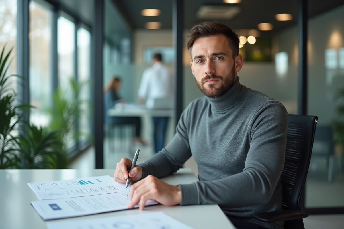 Homme professionnel et élégant concentré dans un bureau moderne minimaliste, portrait lifestyle corporate