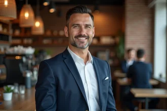 Portrait d'un homme charismatique en blazer marine dans un café urbain moderne, style éditorial