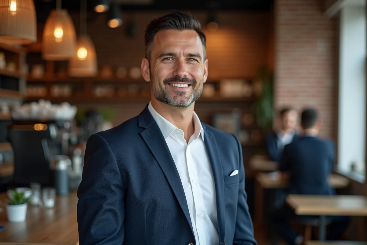 Portrait d'un homme charismatique en blazer marine dans un café urbain moderne, style éditorial