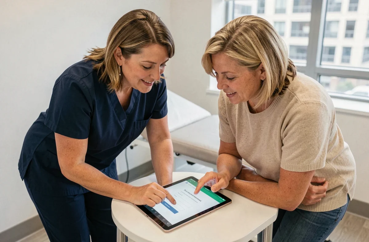 Professionnelle de santé et patiente consultant ensemble un espace patient Medisys sur tablette en cabinet médical