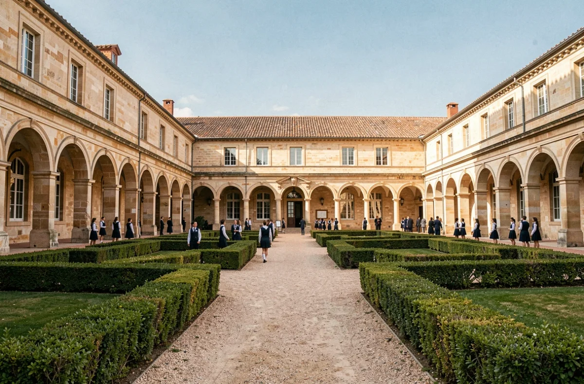 Vue d'ensemble d'un campus scolaire privé en Occitanie avec cour en pierre et élèves en uniforme