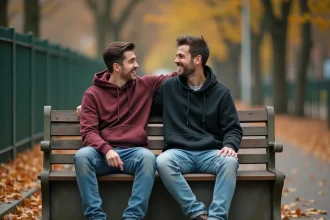 Deux jeunes hommes amis assis sur un banc en bois, riant ensemble dans un parc urbain en automne